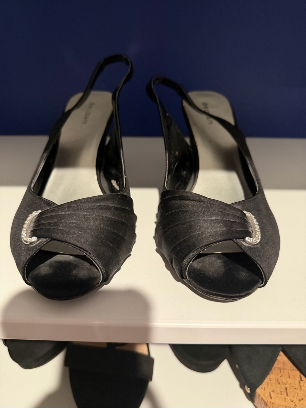 Dress Barn Black Satin Peep-Toe Slingback Heels with Crystal Detail